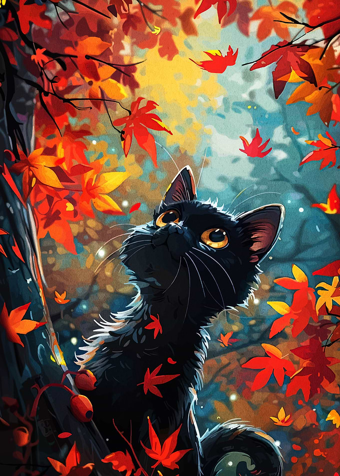Black Cat in Autumn Leaves
