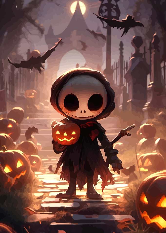 Cute Halloween Skeleton with Pumpkin