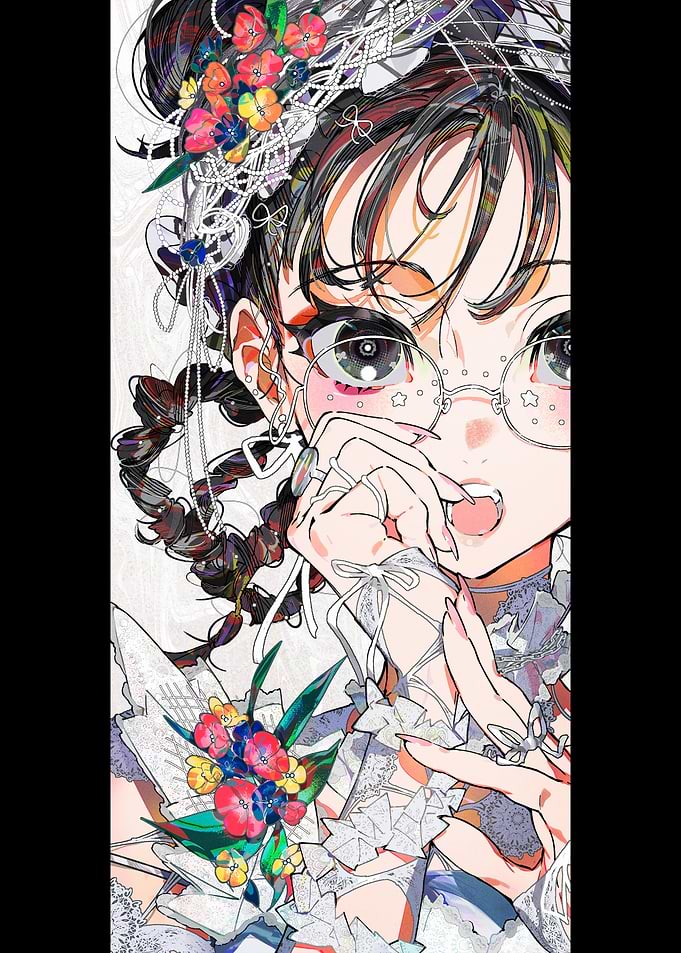 Anime Girl with Flowers and Glasses