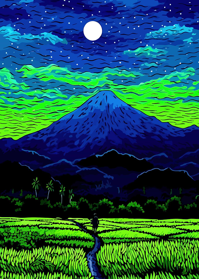 Night Landscape with Mountain and Rice Fields