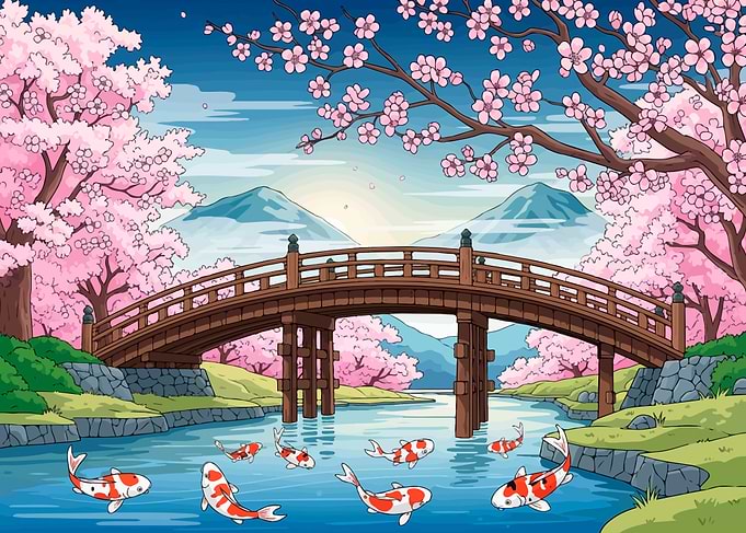Japanese Garden with Koi and Cherry Blossoms