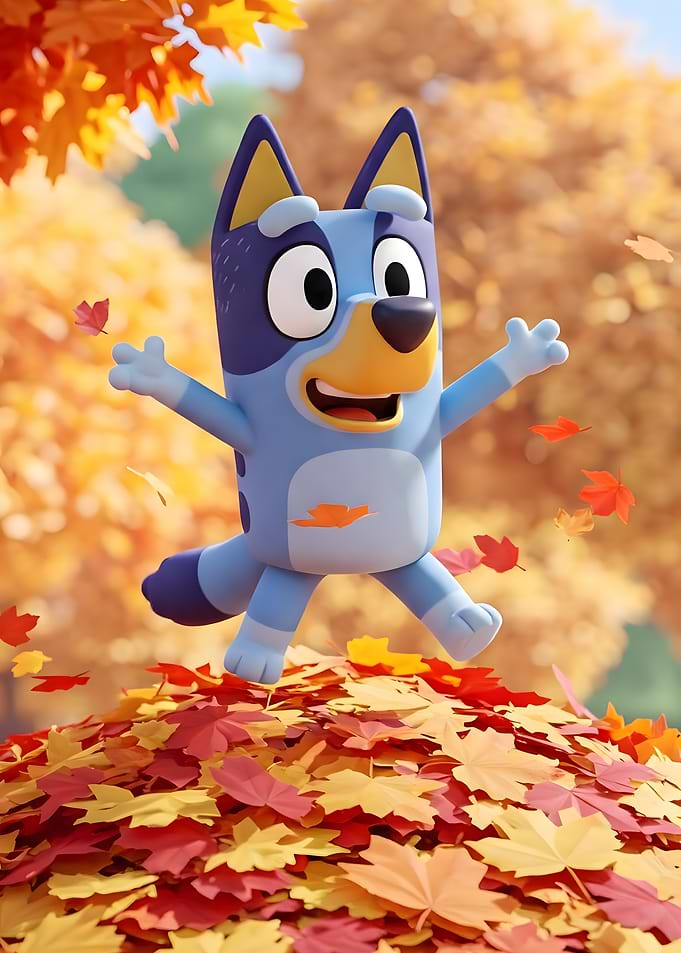 Bluey Jumping in Autumn Leaves