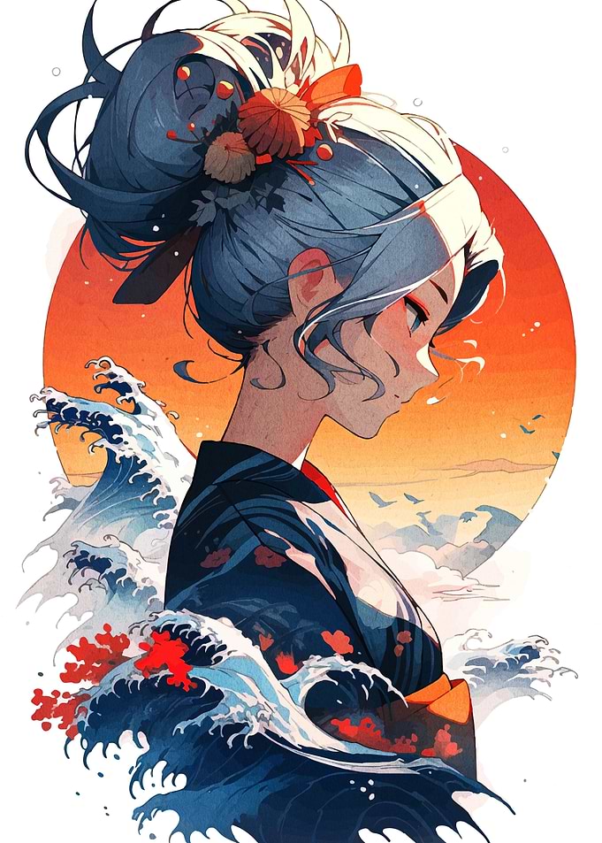 Japanese Woman with Waves and Sunset