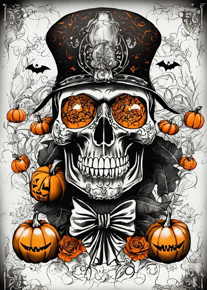 Halloween Skull with Pumpkins and Bats