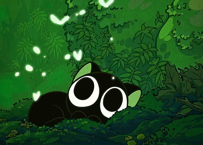 Cute Black Cat in Green Forest