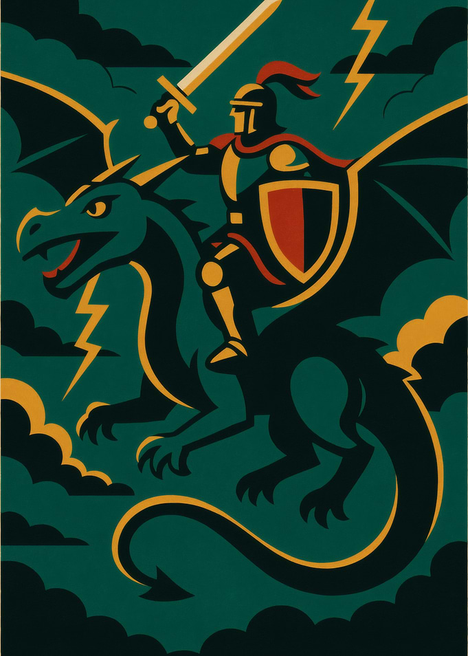 Knight riding dragon with sword raised