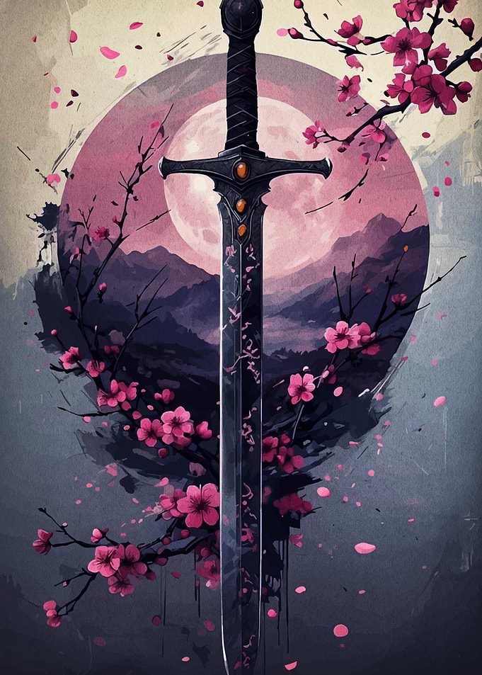 Sword and Cherry Blossoms Digital Art