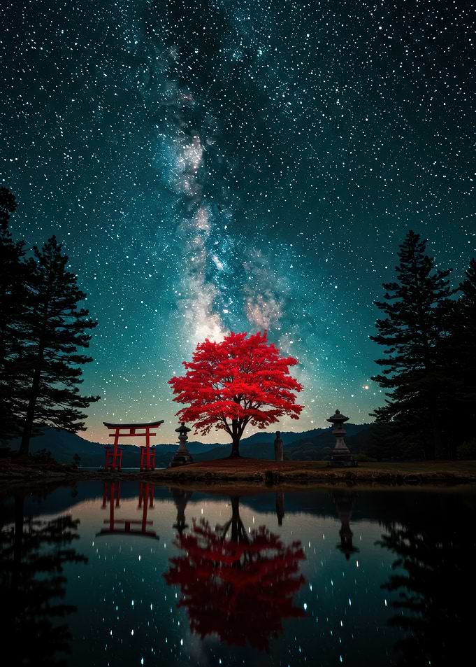 Red Tree Under Milky Way Reflection