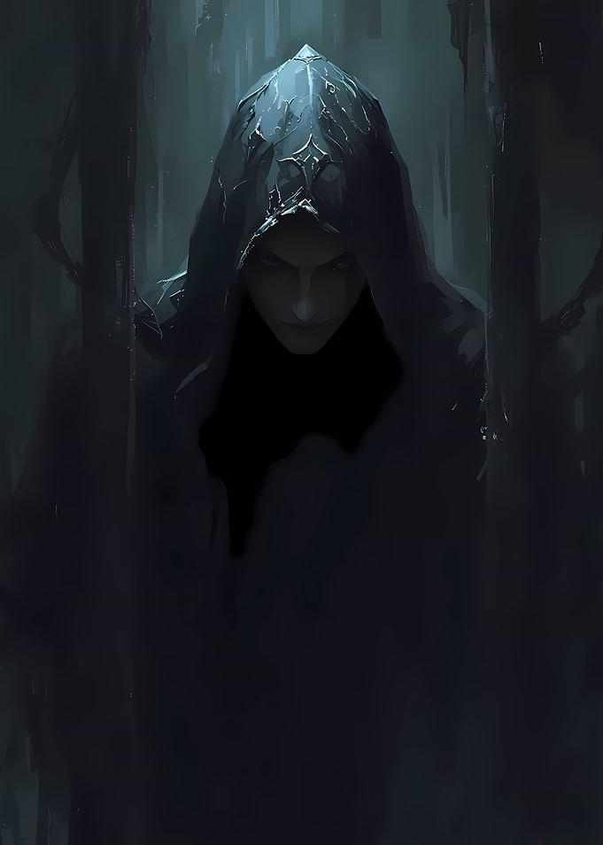 Mysterious hooded figure in the shadows