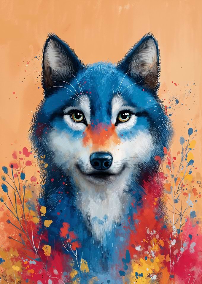 Colorful Wolf Portrait with Floral Accents