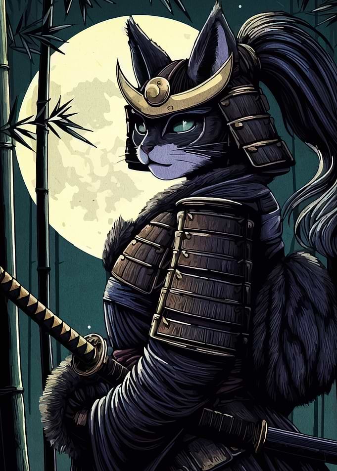 Samurai Cat Warrior in Moonlight