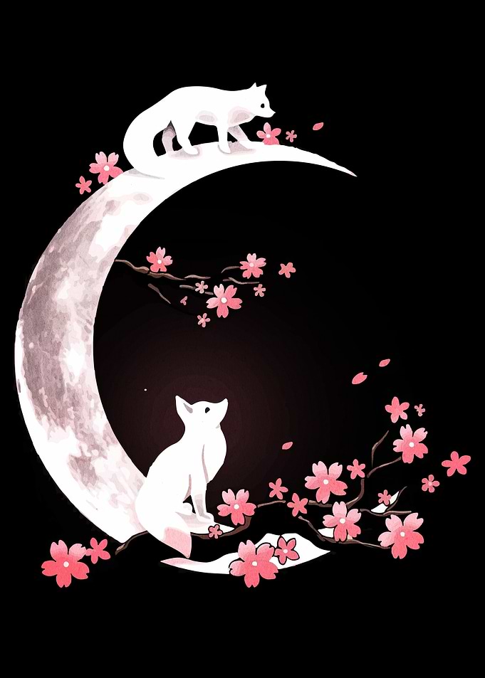 Foxes on the Moon with Cherry Blossoms