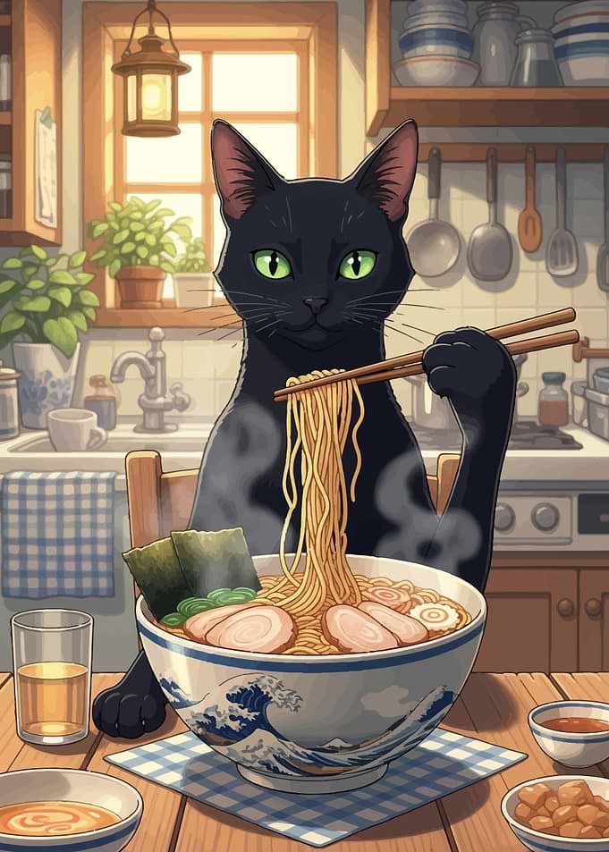 Black Cat Eating Ramen in Kitchen