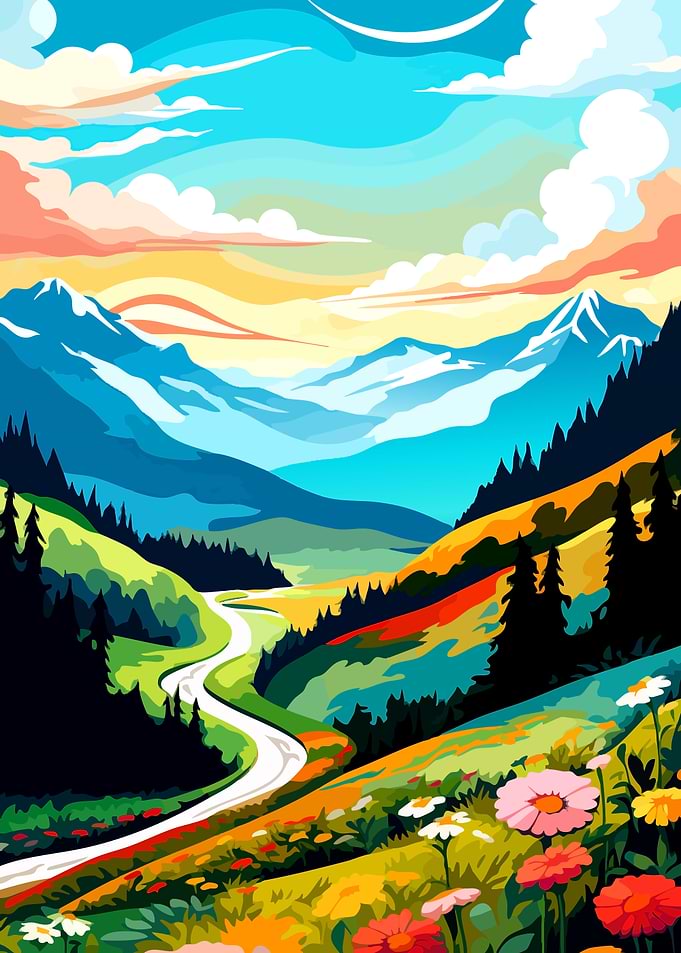 Colorful Mountain Landscape with Winding Road