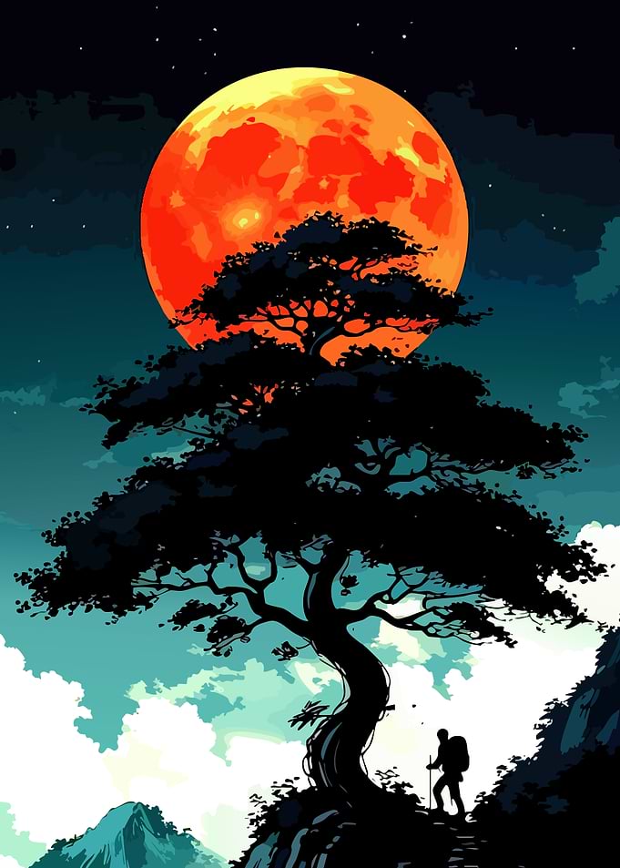 Silhouette Tree Under Orange Moon