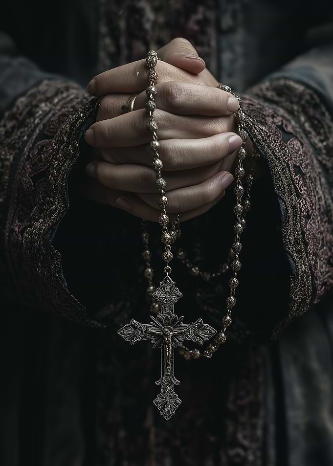 Hands Holding Rosary Beads with Cross