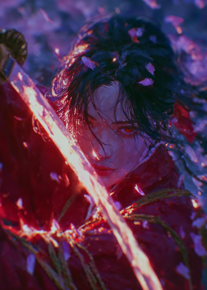 Samurai Warrior with Sword and Petals