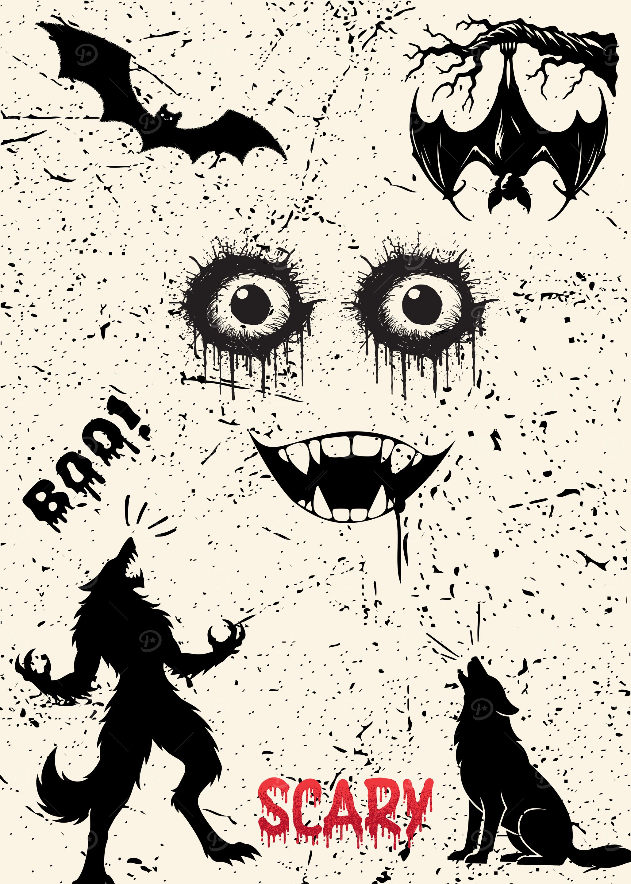 Boo! Scary – Haunted Eyes, Devil’s Laugh, Fox & Bats Halloween Art