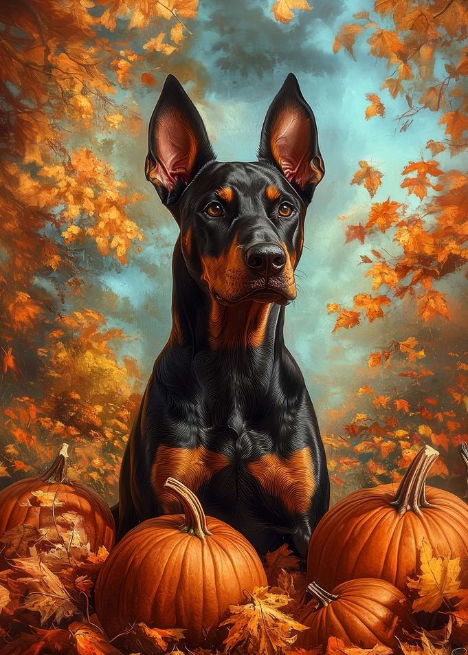Doberman with Pumpkins in Autumn Setting | Autumn Dog Portrait