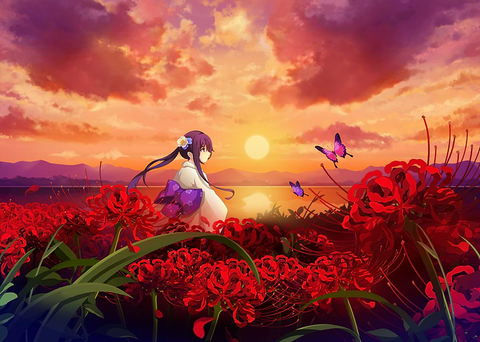 Anime Girl in Red Spider Lily Field