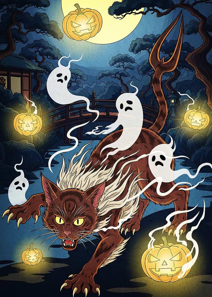 Halloween Cat Yokai Ghosts Pumpkins