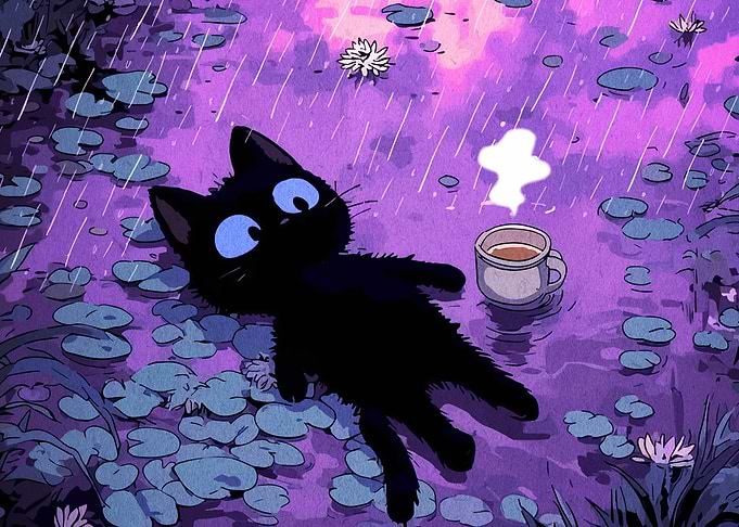 Black Cat Relaxing in the Rain