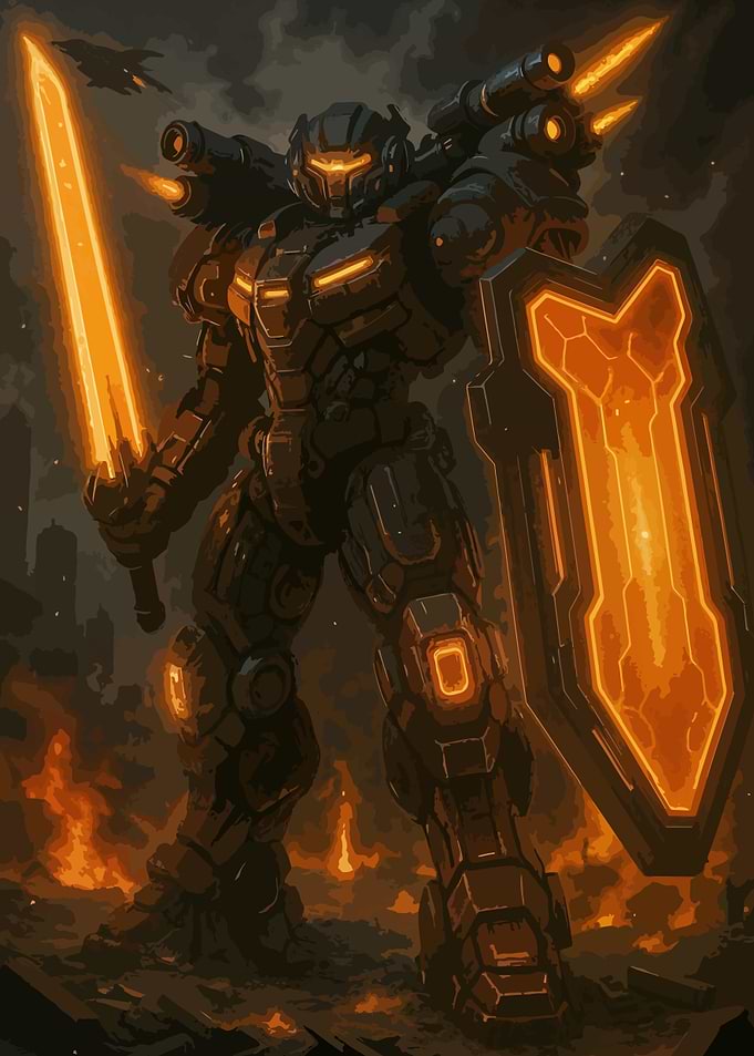 Futuristic Robot Warrior with Sword and Shield