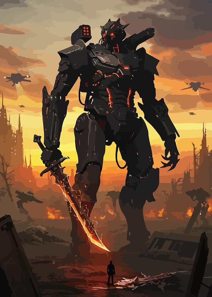 Giant Robot with Sword in Ruins