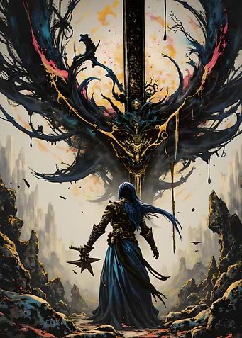 Warrior facing a dark entity