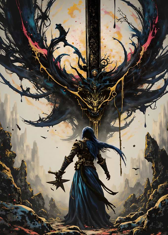Warrior facing a dark entity