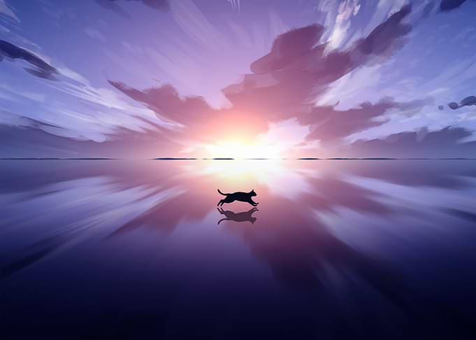 Cat Silhouette Running on Water Sunset