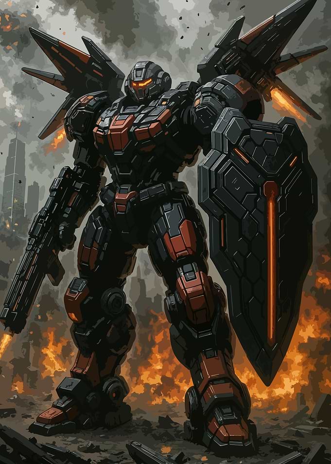 Futuristic Robot Warrior in War Zone