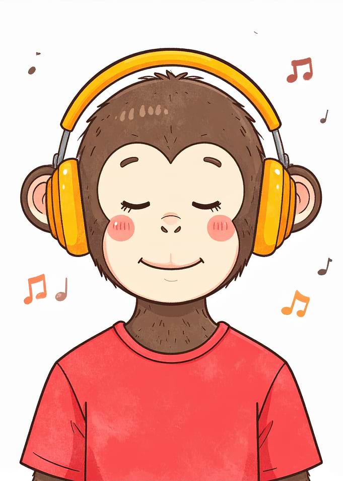 Monkey listening to music with headphones