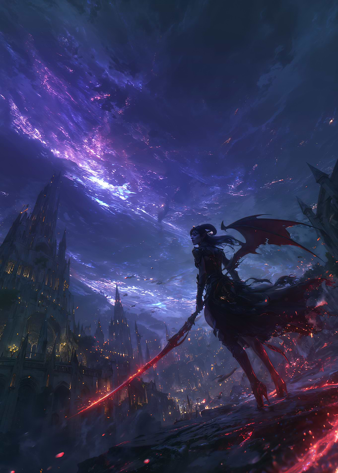 Demon Warrior Overlooking a Fantasy City