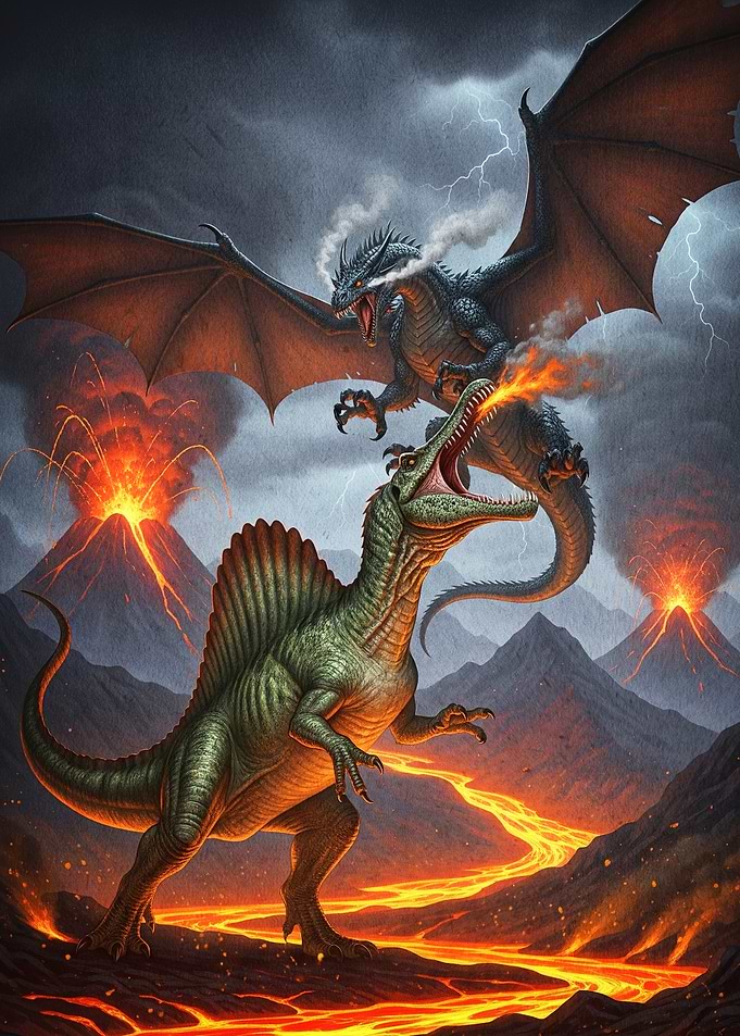 Dragon Spinosaurus Volcanic Landscape