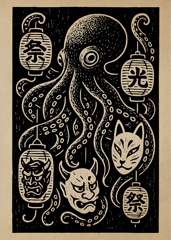 Octopus with Japanese Masks and Lanterns