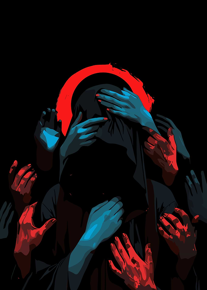 Hooded Figure Surrounded by Hands