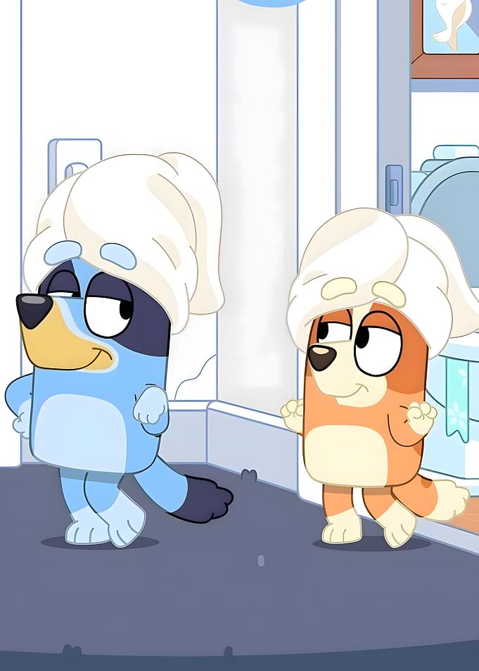 Bluey and Bingo with towels on heads