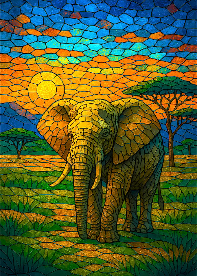 Stained Glass Elephant at Sunset