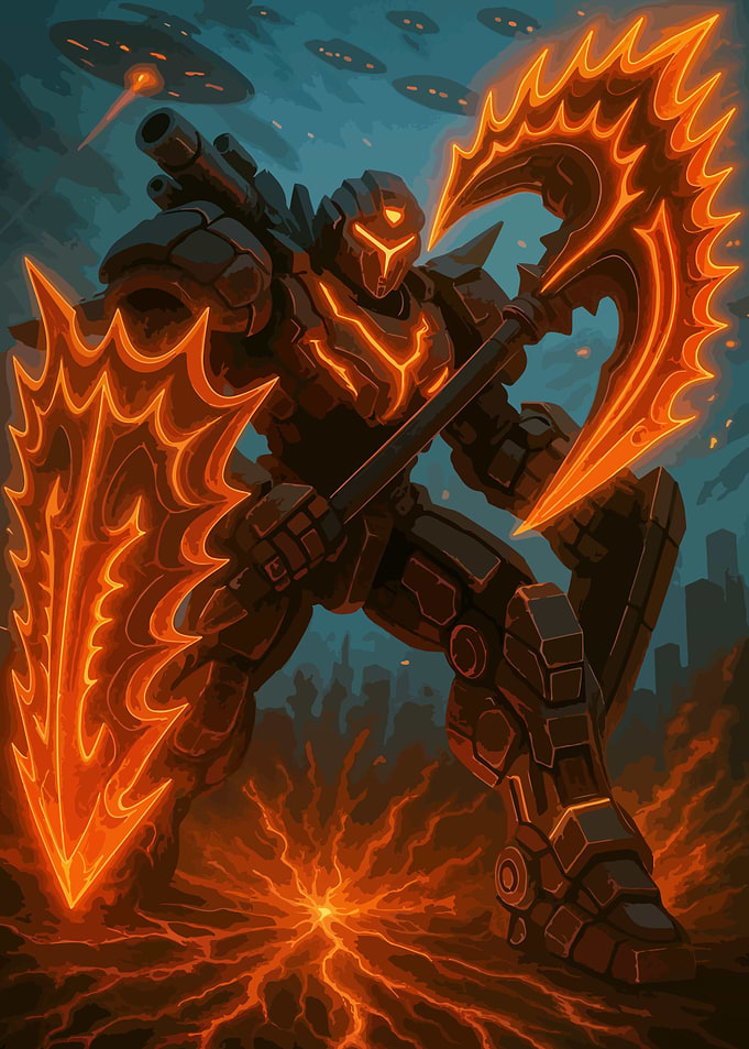 Fiery Robot Warrior with Axe