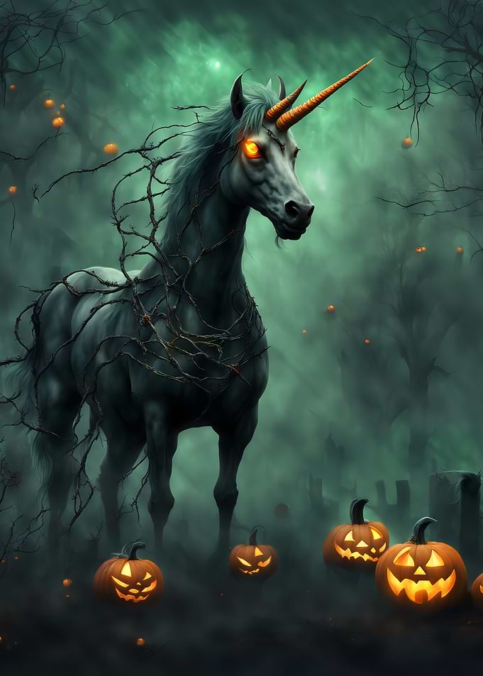 Halloween Unicorn in Spooky Forest Gothic Dark