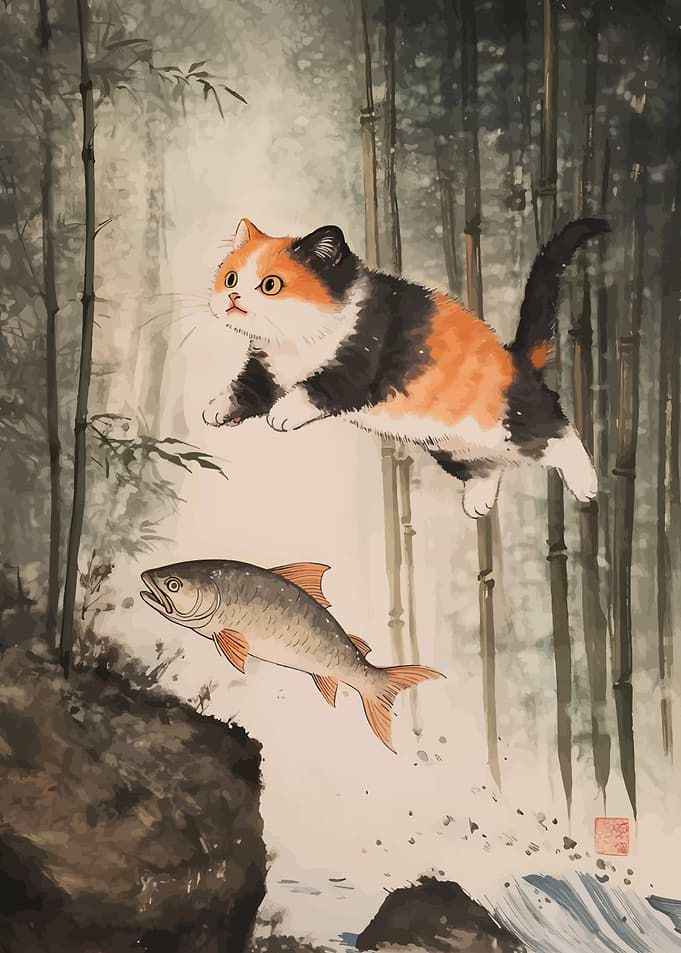 Cat and Fish Watercolor Painting