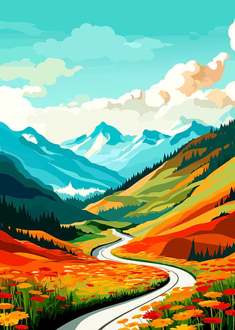 Colorful Mountain Road Landscape Illustration