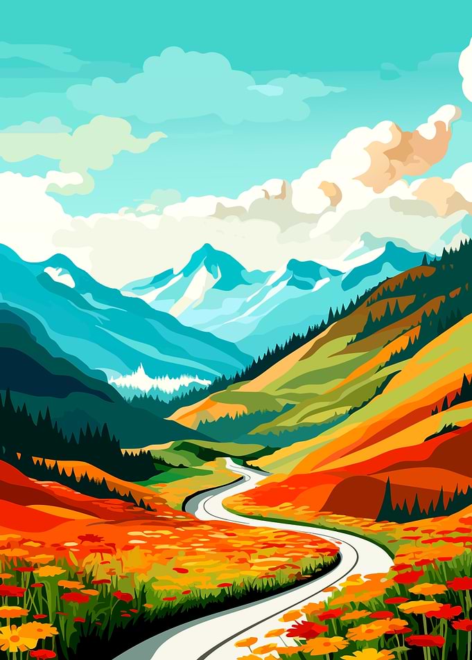 Colorful Mountain Road Landscape Illustration