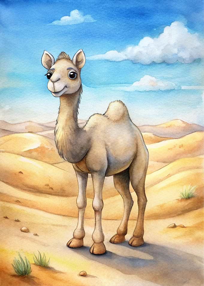 Cartoon Camel in Desert Watercolor Painting
