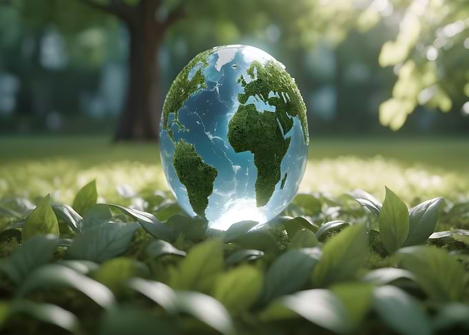 Earth globe in a green field