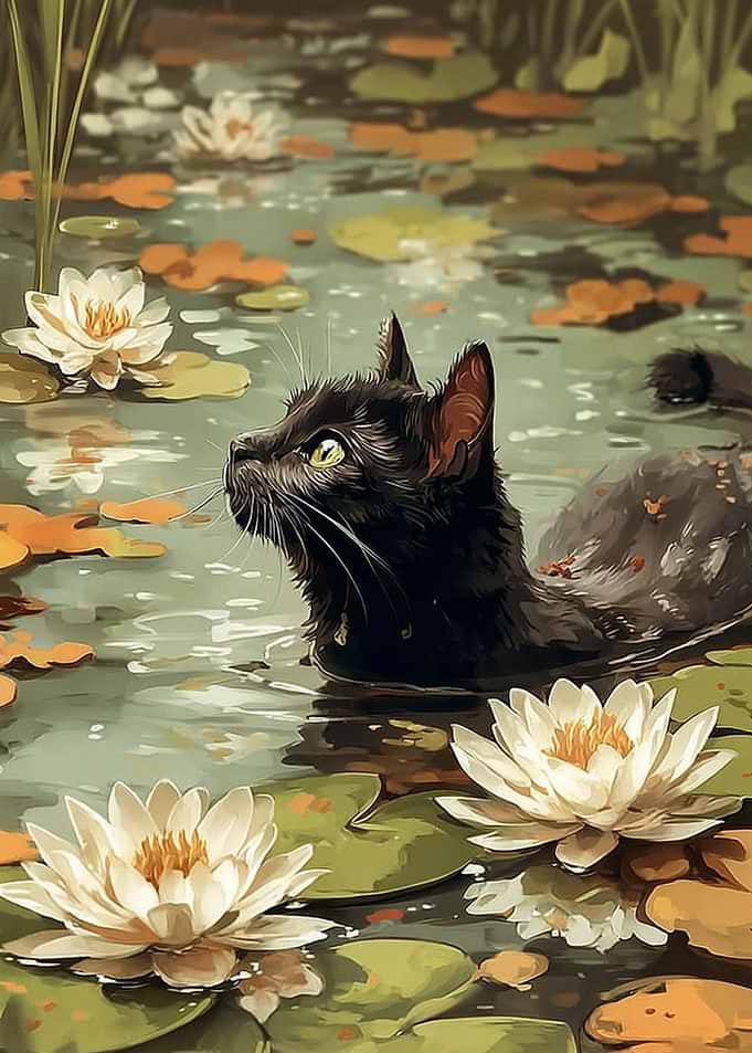 Black Cat in Lily Pond