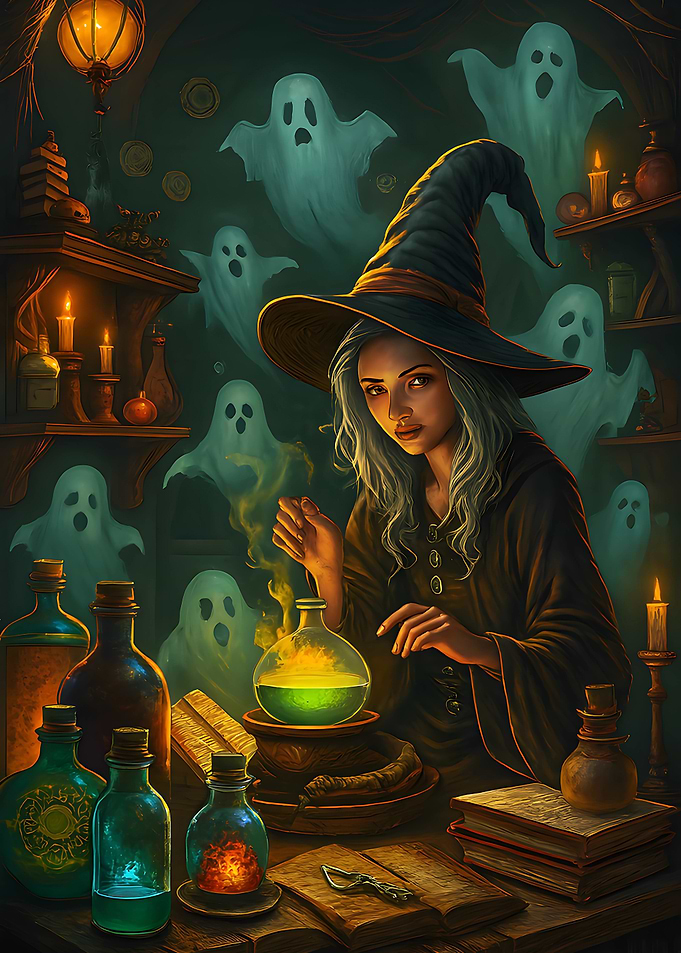 Witch Brewing Potion with Ghosts