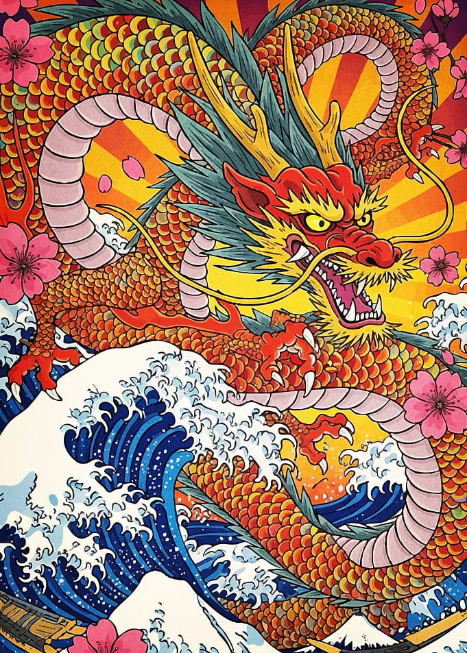 Japanese Dragon Waves Cherry Blossoms