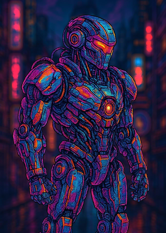 Cyberpunk Robot in Neon Cityscape